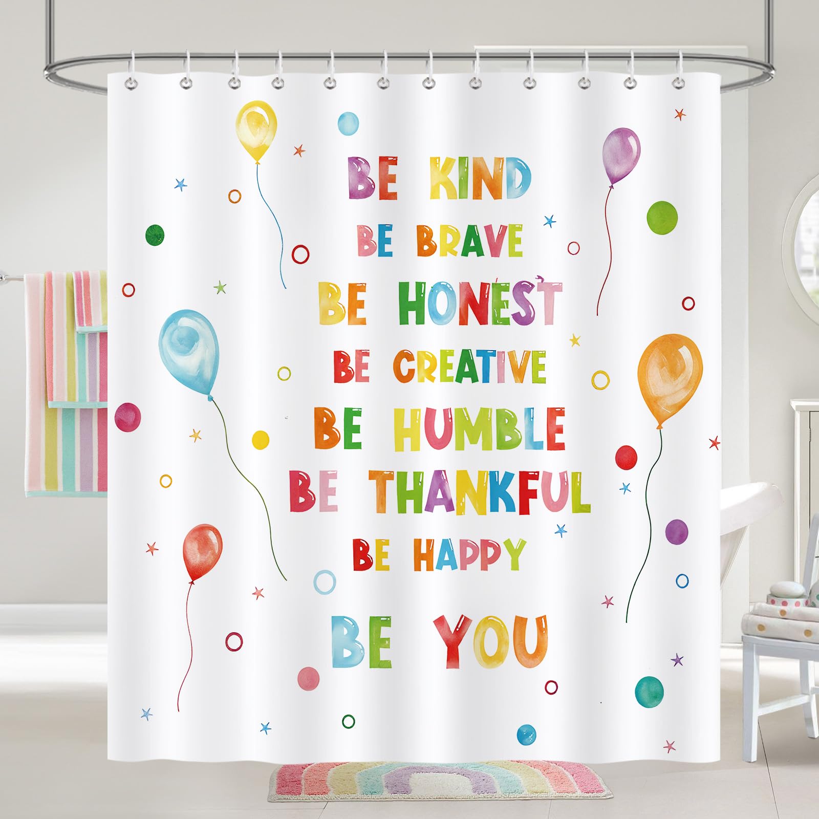 COZZSNUGE Kids Inspirational Quotes Shower Curtain, Colorful Balloon Positive Bathroom Curtain 180 x 180 cm, Water Repellent Mildew Resistant Polyester with 12 Hooks