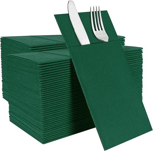 Lylllwly Servilletas de papel verde desechables, servilletas de cena con bolsillo integrado para cubiertos, servilletas de tela, preplegadas para