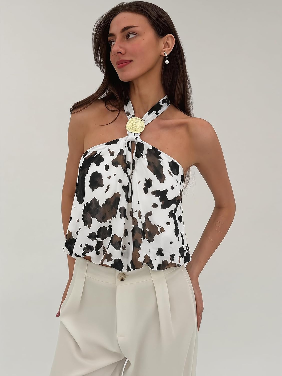 MakeMeChic Women's Polka Dots Going Out Top Halter Crop Open Back Tops image 5