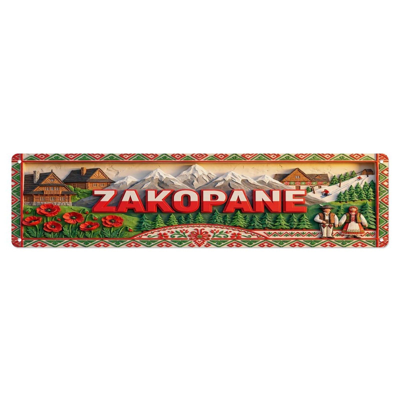 Cwbufd Vintage Style Vintage Zakopane Poland Flag Pattern Vintage Metal Tin Sign Plaque Wall Decor For Cafe, Club Bar, Office, Garden Metal Poster 4X16inch
