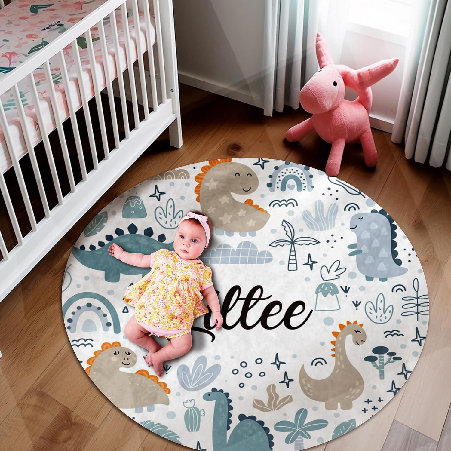 Custom Name Baby Rug Nursery Mat for Baby Boys Girls Tummy Time Rug Crawling Mat Round Rugs Fit Nursery Bedroom Baby Playing Mat for Floor Dinosaur(47.24"X47.24")