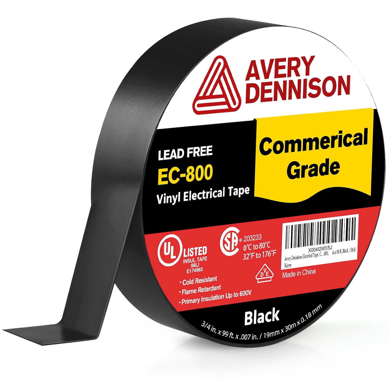 Avery Dennison EC-800 Commercial Grade PVC Electrical Tape, UL/CSA Listed, 3/4 in x 99 ft Black Vinyl Insulating Tape for Repairs & Automotive
