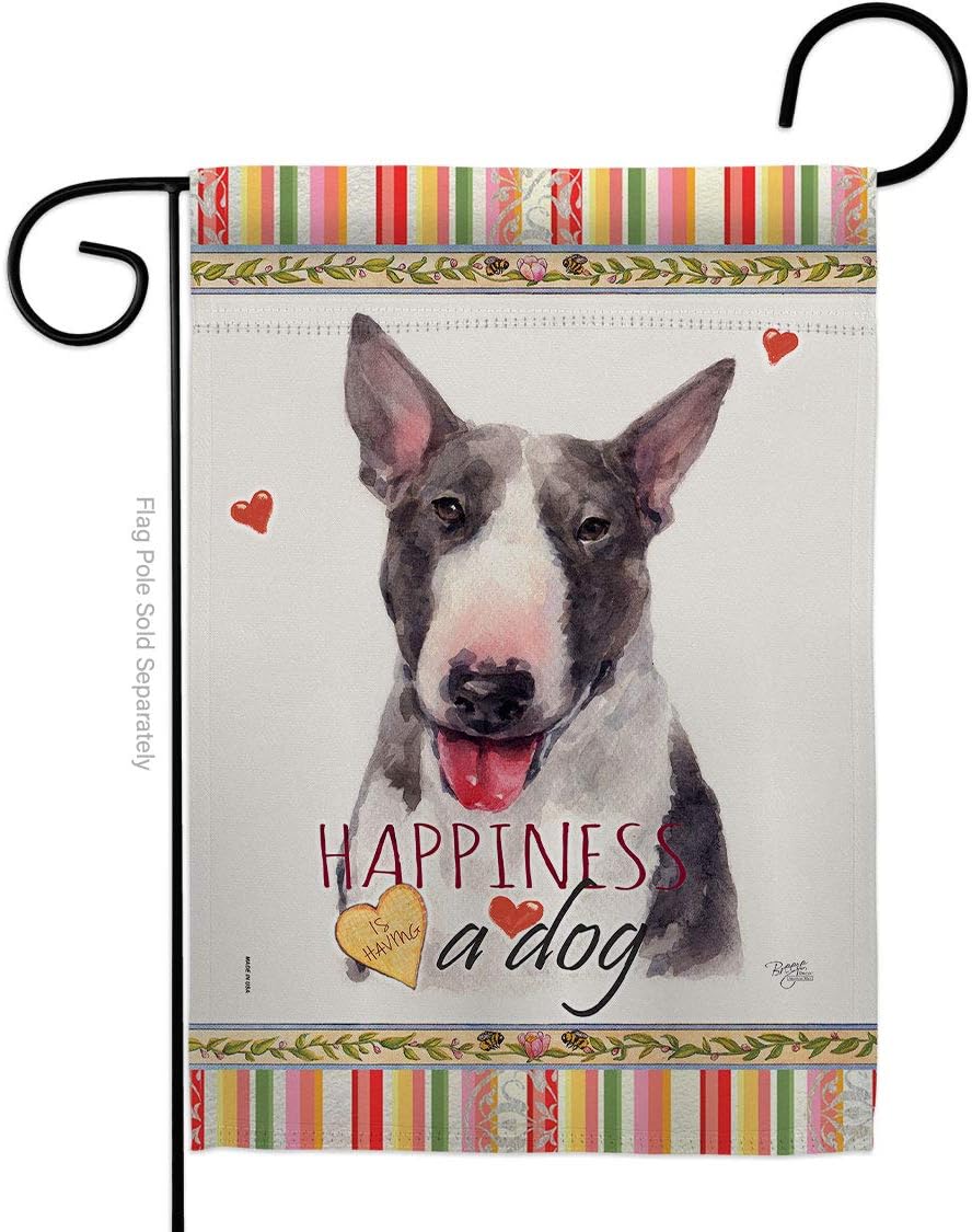 Bull Terrier Happiness Garden Flag Set Wall Holder Animals Dog Puppy Spoiled Paw Canine Fur Pet Nature Farm Animal Creature Small Decorative Gift Yard House Banner Double-Sided Made In USA 13 X 18.5