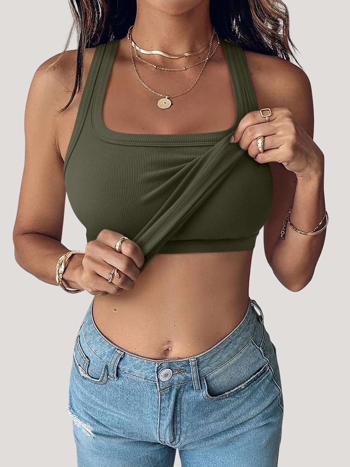 REORIA Built in Bra Tank Tops for Women Summer Sleeveless Racerback Square Neck Casual Basic Ribbed Tops 2026 thumbnail