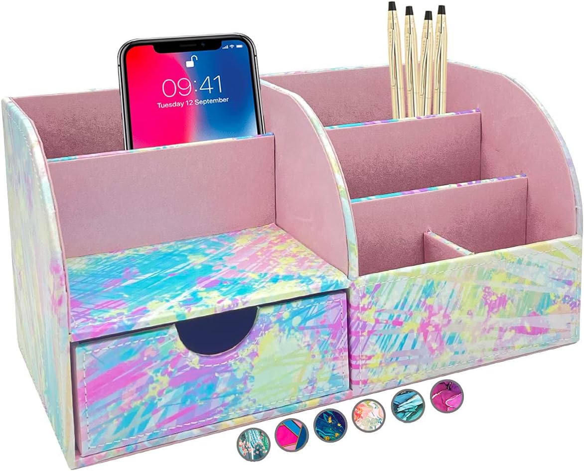 French KOKO Large PU Leather Desk Organizer Cute Pen Holder Office Pencil Holders Organizers Table Top Desktop Art Caddy Accessories Women Kids Girls Work School Storage Supplies (Tye Dye Love) : Office Products