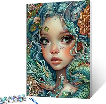 TUMOVO Sexy Girl with Dragon Paint by Numbers Animal and Woman Adult DIY Paintwork Acrylic on Canvas Easy for Adults Beginner Home Modern Decor 16 x 20inch Fashion Female Picture Boho GiftFrameless