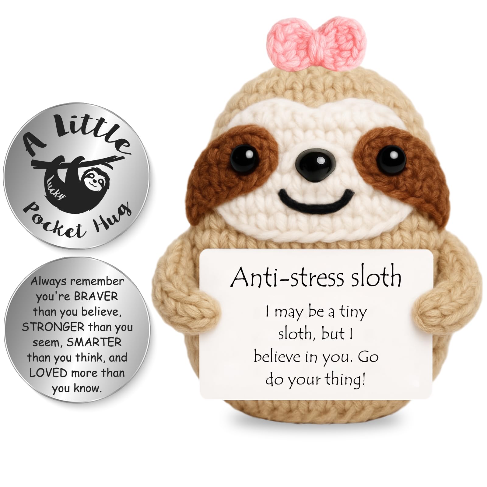 Tixlux Positive Sloth Gifts, Handmade Anti-Stress Cute Knitted Sloth, with Pocket Hug Lucky Charm, Good Luck, Emotional Support, Back to School, Encouragement, Birthday Gifts for Women Men