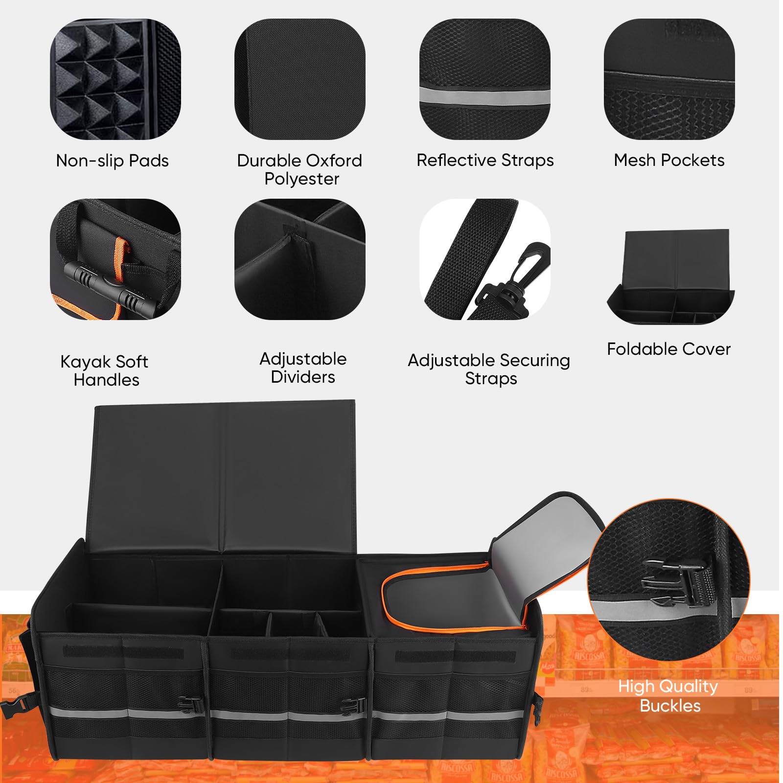 105L Rangement Coffre de Voiture, Trunk Organizer Organisateur Coffre Voiture avec 25L Sac Isolant Amovible, 7 Compartiments Ajustables,Sac de Rangement Pliable avec Couvercle,Fond Antidérapant