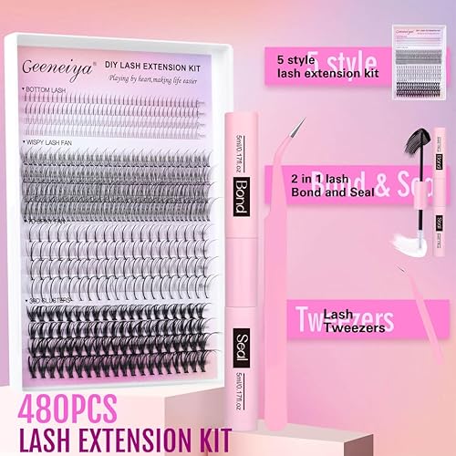 Miniatura 5 de Geeneiya Kit de extensiones de pestañas individuales en racimo, kit de extensión de pestañas tipo D multitipo con pestañas inferiores, enlace de