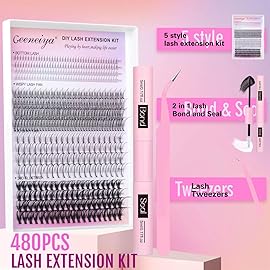 Geeneiya Lash Clusters Kit Individual Lash Extension Kit DIY Multi-type D Curl Cluster Eyelash Extension Kit with Bottom Lashes, Waterproof Lash Bond and Seal Glue, Lash Tweezers (30D, 480PCS)