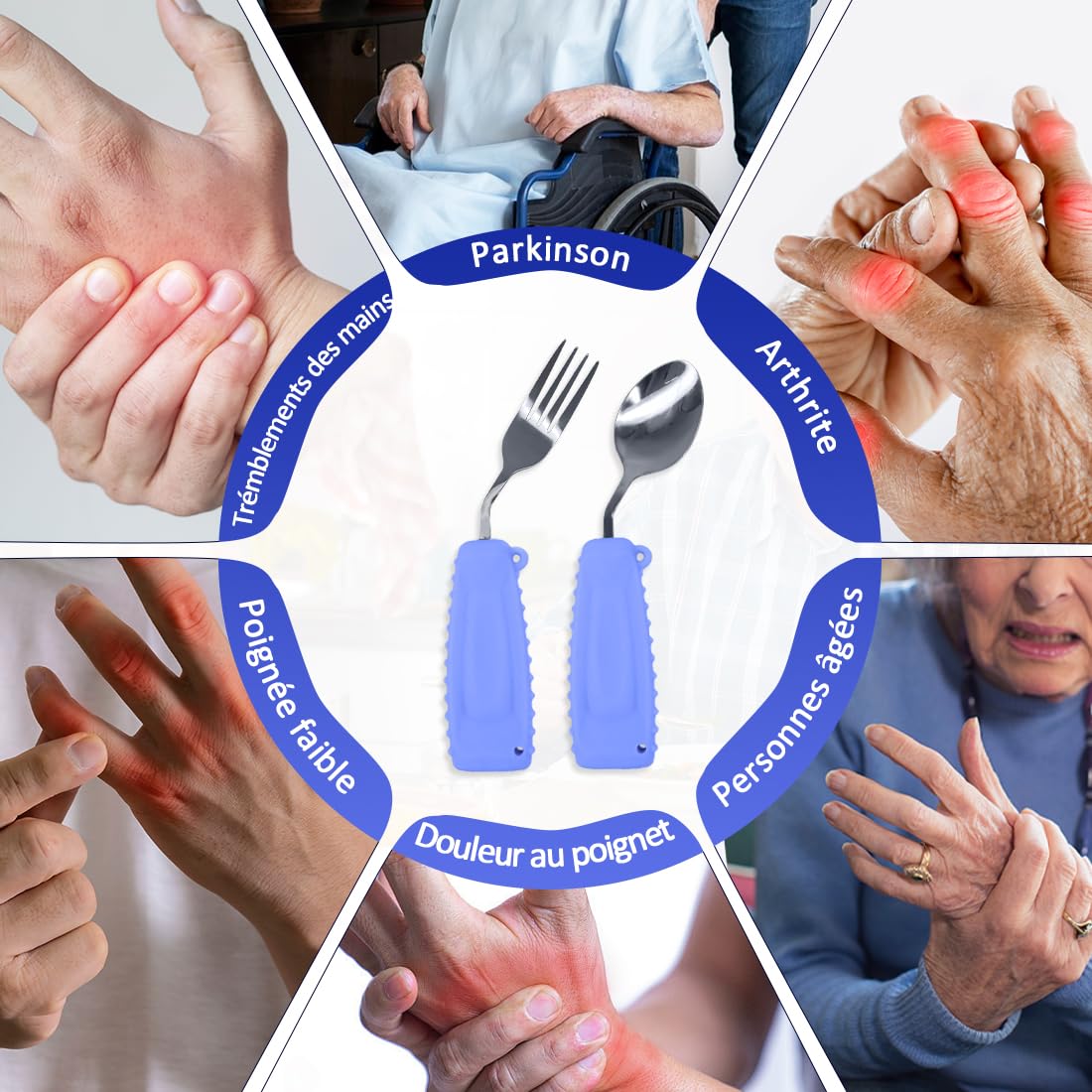 Cubiertos Ehucon adaptativos, juego de tenedor y cuchara curvos para personas mayores o con enfermedad de Parkinson (púrpura, mano izquierda)