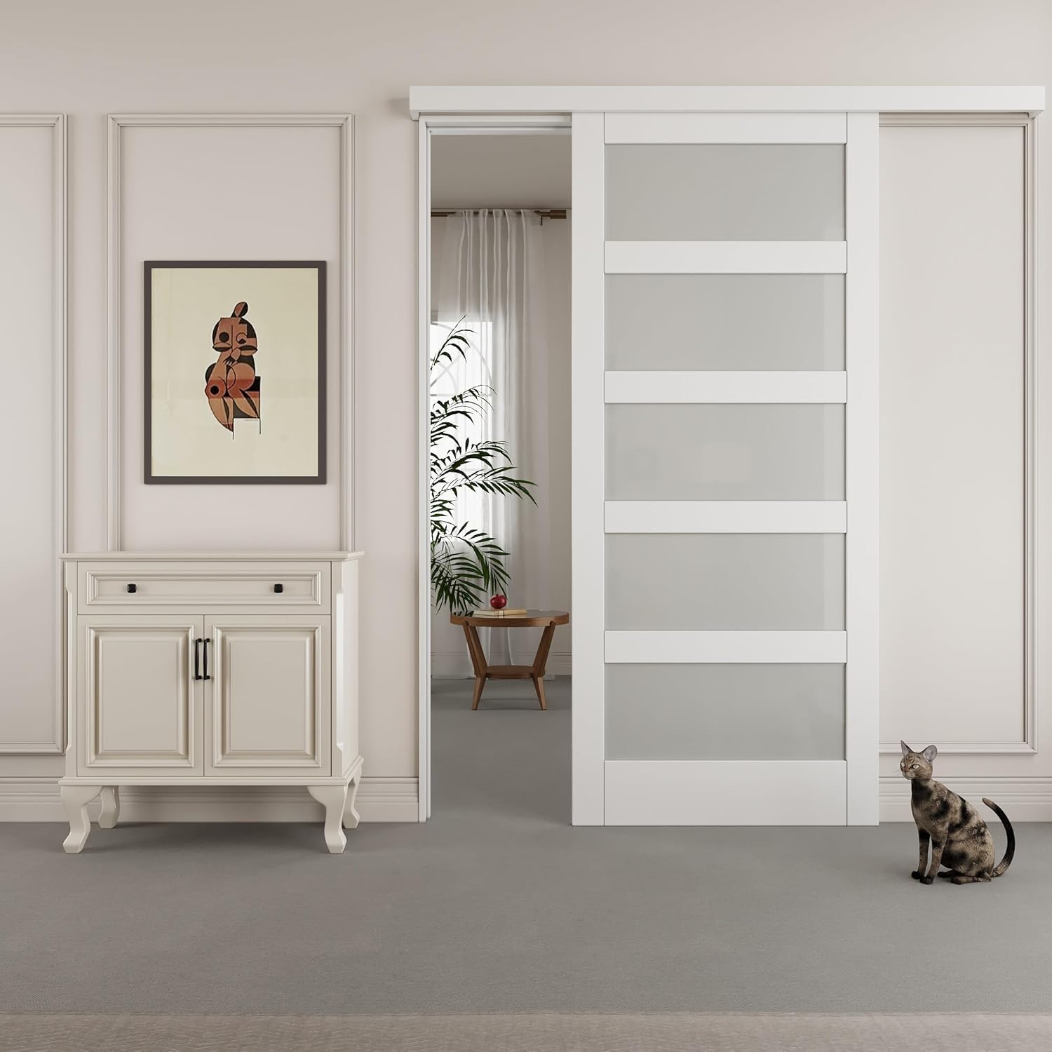 80"/96" H Hidden Style Track White Primed 5-Lite Frosted Glass Sliding Barn Door with Hardware Kit(No Assembly Required)，36'' x 80''