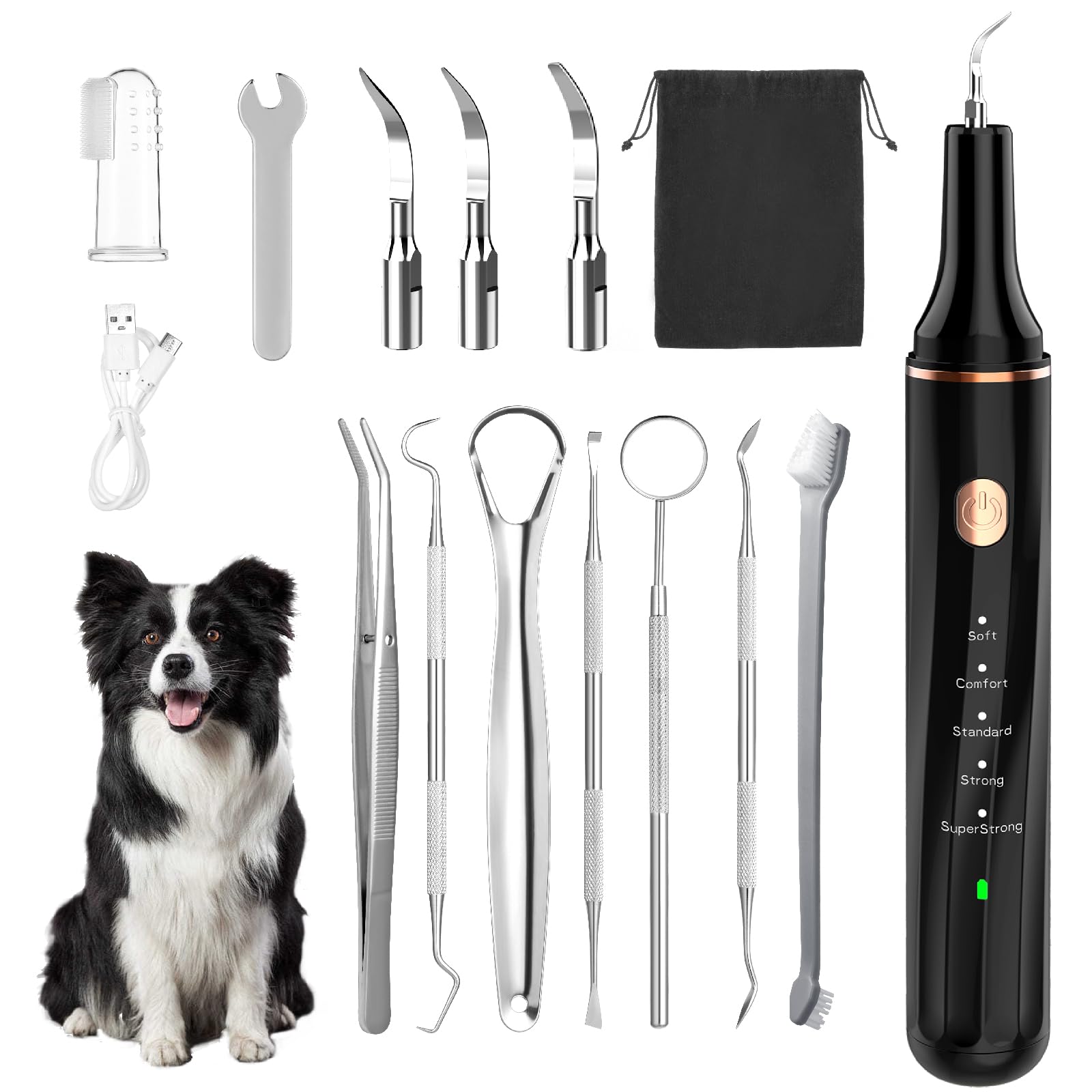 Kit de Limpieza de Sarro Dental Ultrasónico para Perros y Gatos, Detartrador Cepillos Ultrasónicos de Dientes Quita Manchas Limpiador, 5 Modos de Limpieza y 4 Cabezales de Limpieza para Mascotas