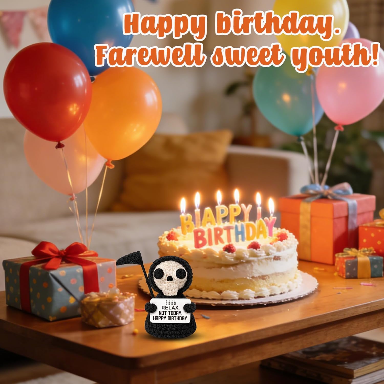 Funny Happy Birthday Gift for Women Men Crochet Grim Reaper with Dark Humor Bday Card for Best Friends -Cool 21st 30th 40th 50th 60th 70th 80th Birthday Decorations