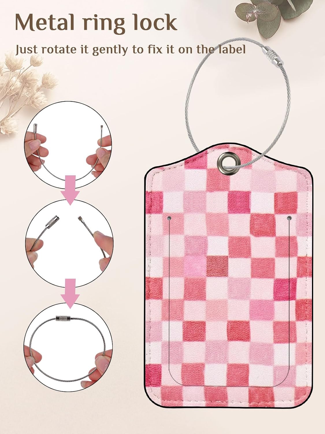 Seorsok 2Pcs Luggage Travel Tags for Suitcases,Pink Checkered PU Leather Name Tag with Privacy Cover&ID Label Address Card and Durable Metal Ring Suitable for Men Women Handbags Backpack,Pastel Color image 5
