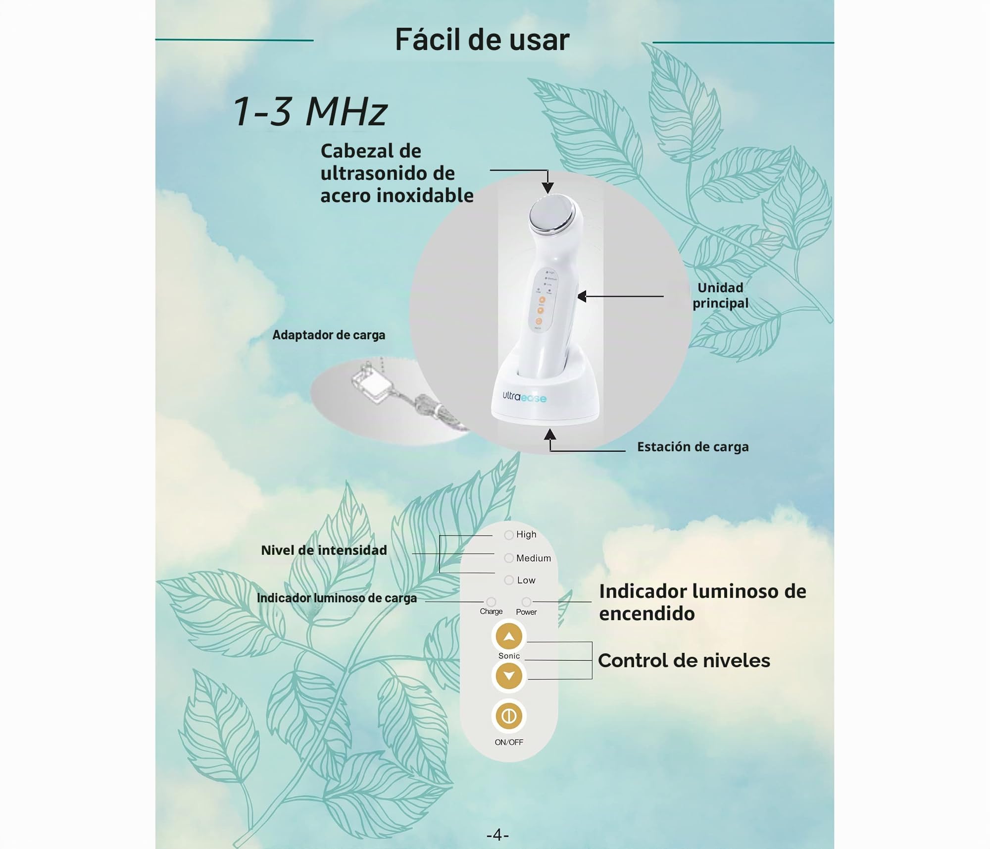 Aparato de ultrasonidos doméstico | Ultrasonidos cálidos, sin cables, sin vibraciones y fisiológicos para el cuidado corporal, facial y de la piel | con cuatro técnicas psicológicas