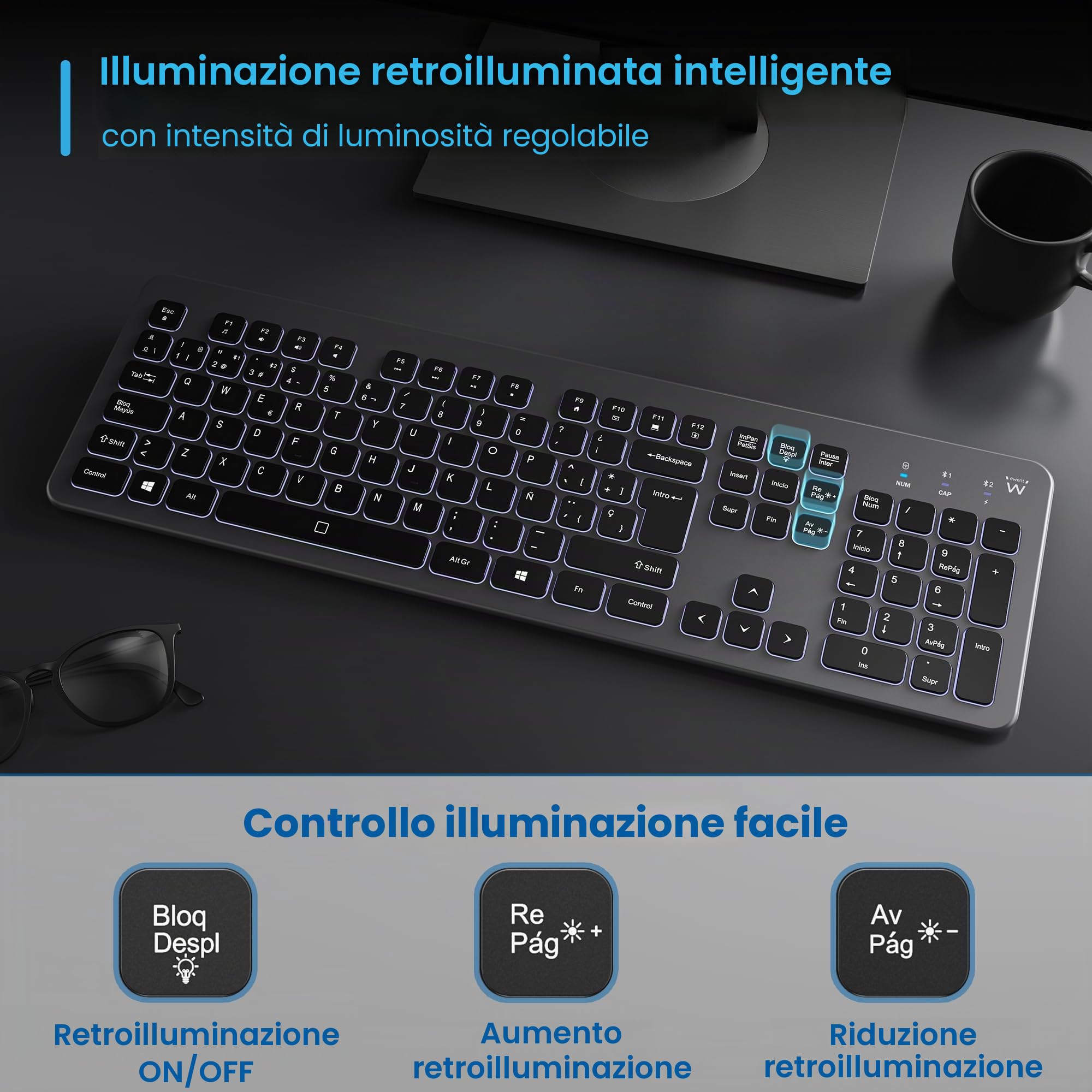 Ewent Tastiera Wireless Retroilluminata Full Size con Layout Spagnolo, Bluetooth e Wireless 2.4GHz, Tasti Silenziosi, Batteria Ricaricabile, Tastiera Senza Fili per Windows, macOS, Android e Tablet