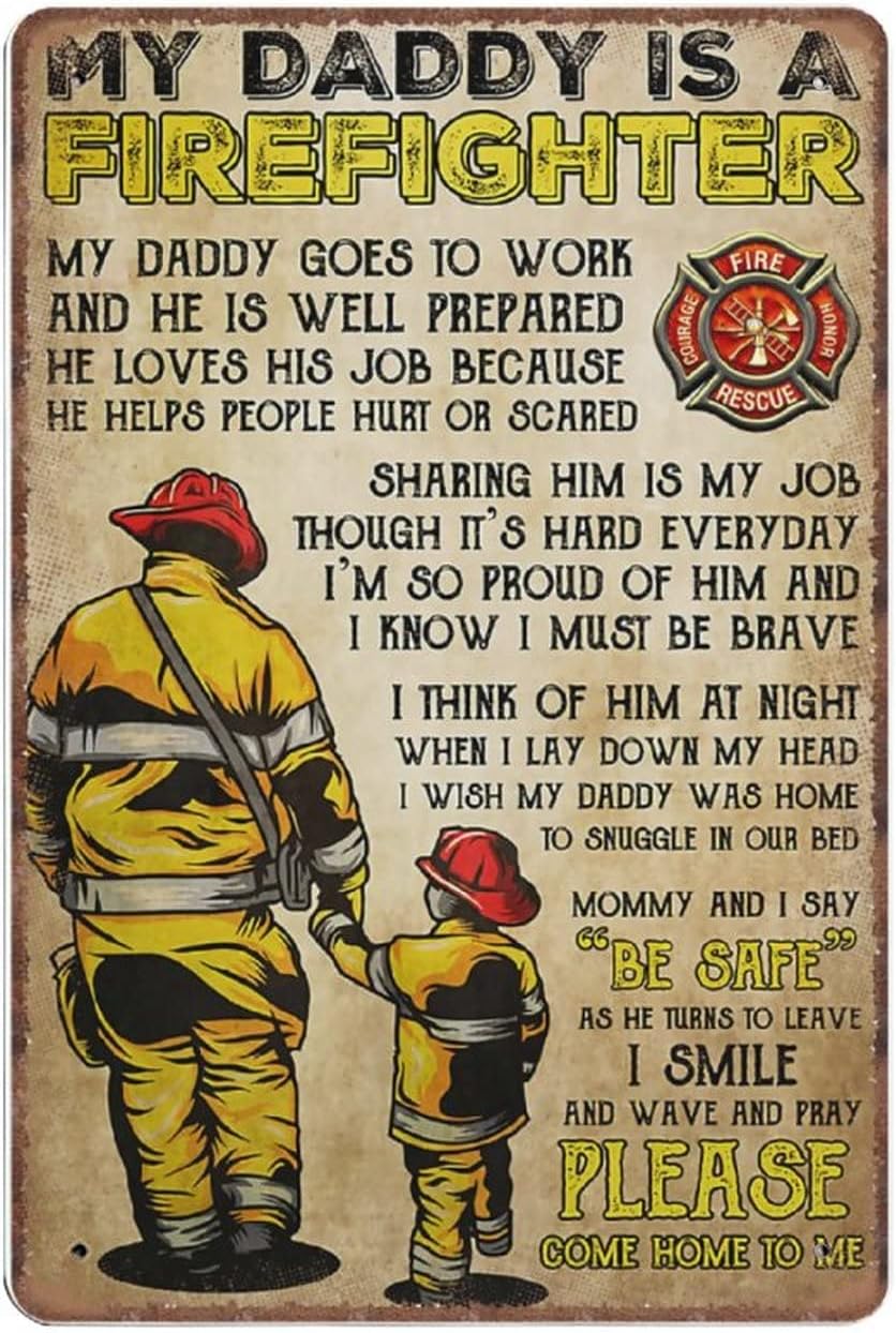 DAIERCY Metal Sign My Daddy Is A Firefighter Gift for Dad Retired Firefighter Wall Art Tin Signs Vintage Bar Man cave Garage Kitchen Home Decor 140X200 mm
