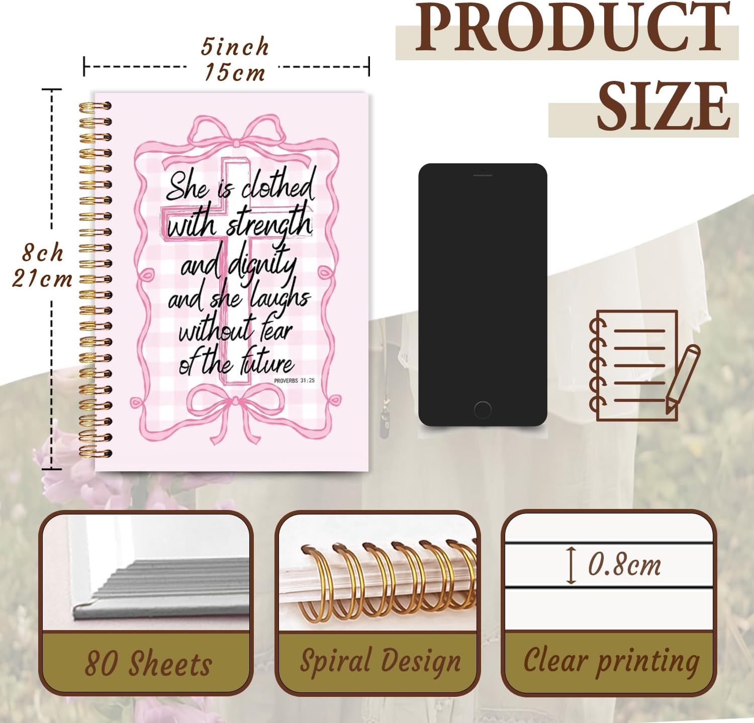 Inspirational Christian Notebook Journal, Coquette Preppy Pink Bow Bible Verse Journal for Women, Pink Girly Office Supplies, Religious Scripture Spiral Notebook 5.5x8.3 Inch - Image 6