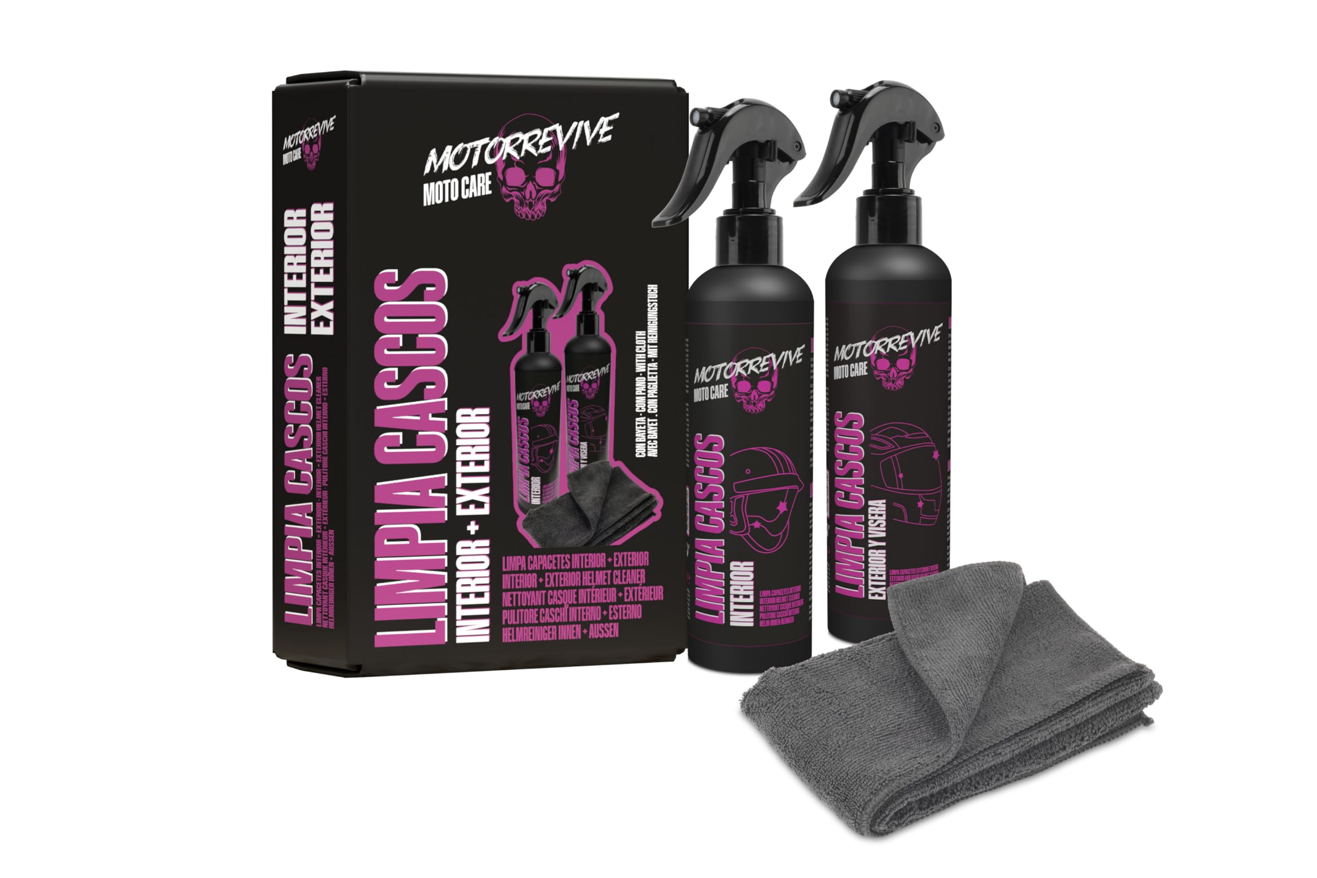 Pack Limpieza de Cascos de Moto 200 + 200 ml. Spray limpiador Interior + Exterior y Visera + Bayeta de Microfibra. Higiene Completa y Cuidado Profesional para Casco de Motocicleta