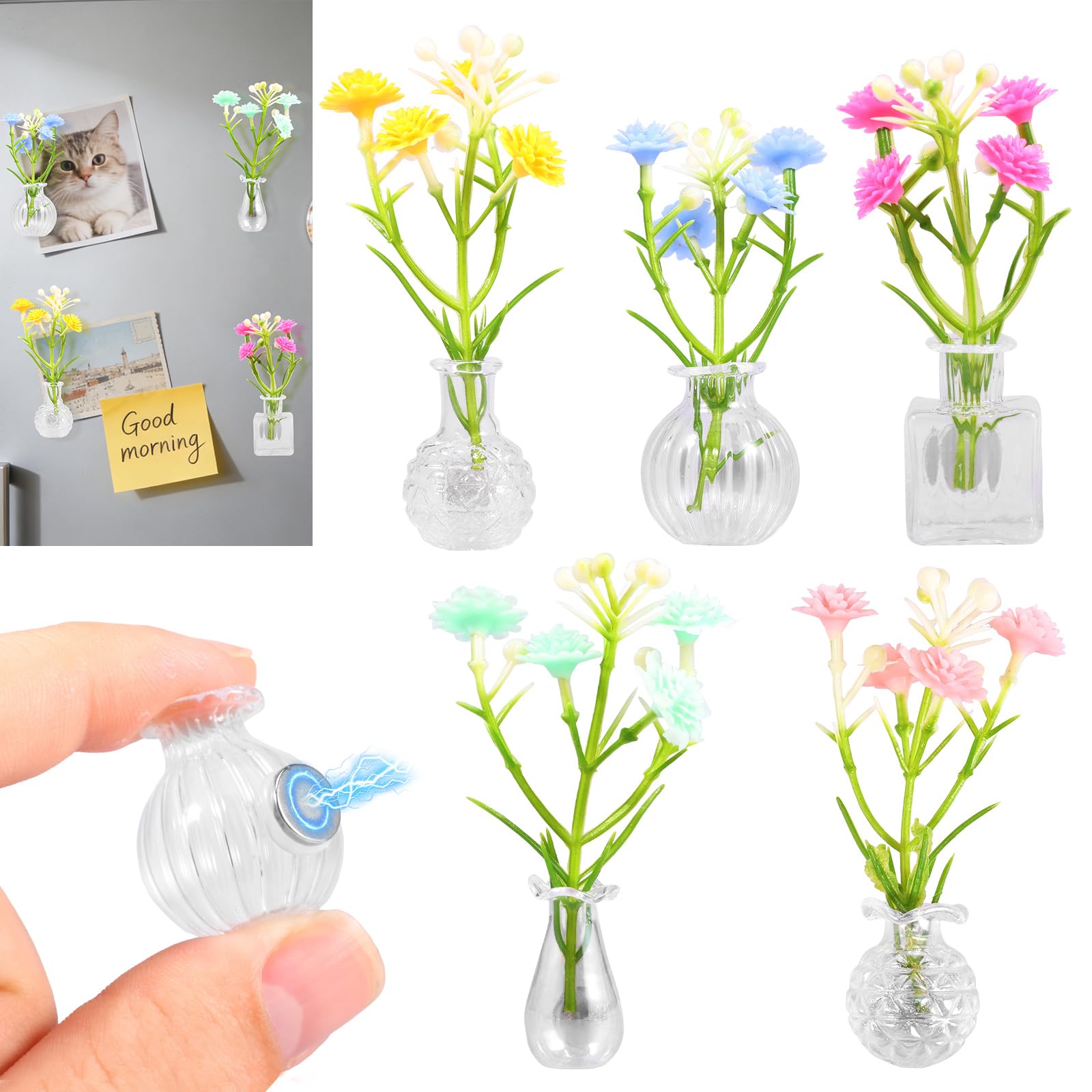 5Pcs Mini Vase Magnets for Fridge, Tiny Magnetic Bud Vases with Artificial Flower, DIY Vase Magnets for Flower and Succulents, Funny Plant Pot Magnet for Refrigerator, Locker, Office and Kitchen Decor