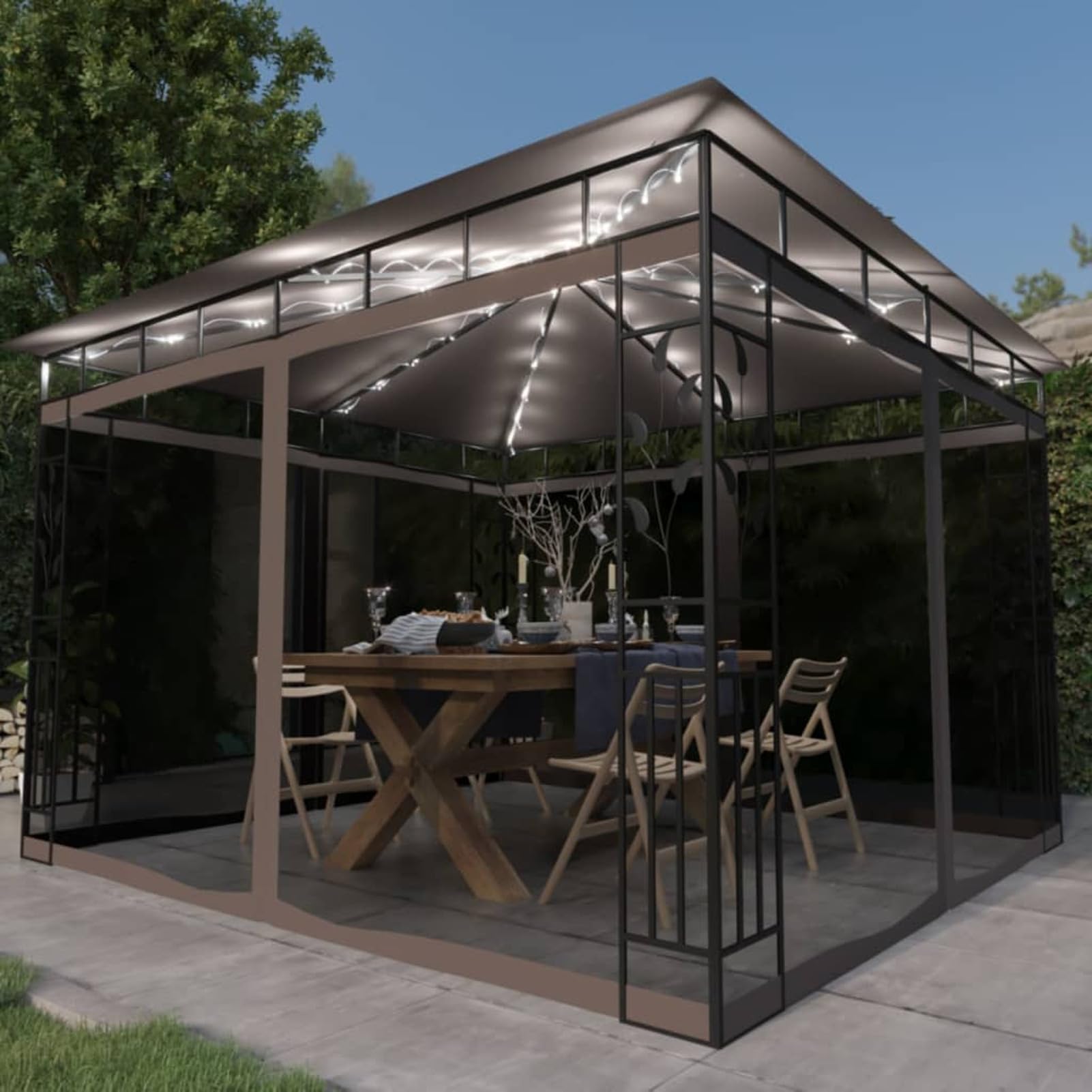 Gazebo con Zanzariera Luci LED 3x3x2,73 m Grigio Talpa,Gazebo Pergola Con Telo Impermeabile Richiudibile E Struttura Rettangolare In Acciaio Inossidabile Ad Alta Densità, Per Arredo Giardino,