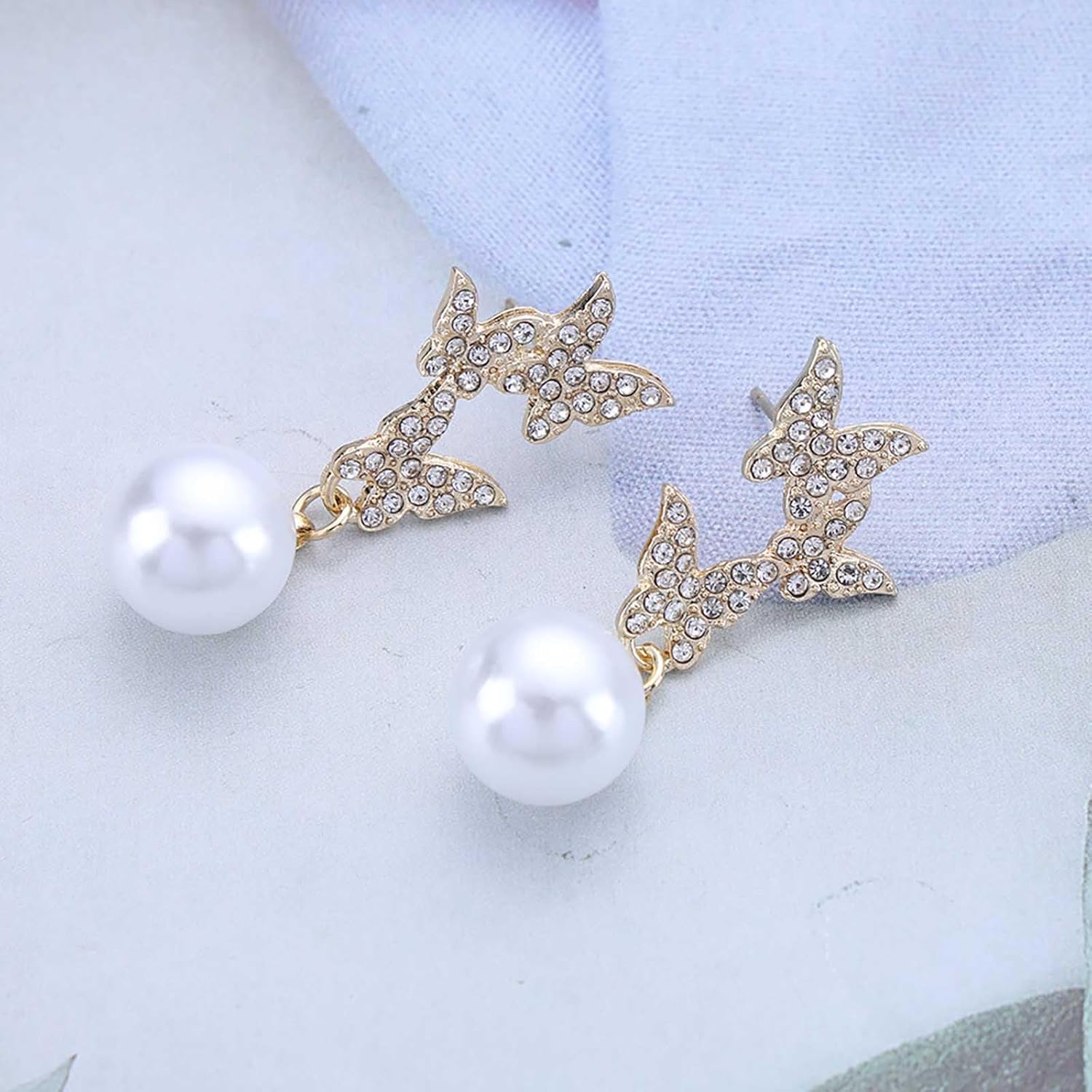 Vintage Crystal Pearl Dangle Earrings Cz Butterfly Pearl Drop Earrings Gold Butterfly Pearls Earrings Rhinestone Butterfly Stud Earrings Jewelry for Women - Image 4