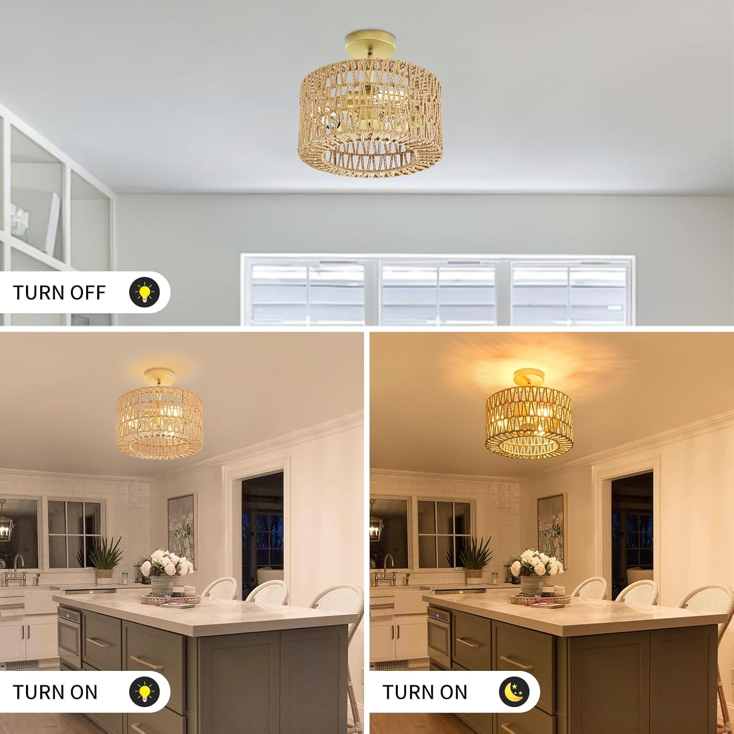 Rattan Ceiling Light Fixture, Boho Farmhouse 3-Lights Semi Flush Mount Ceiling Lamp with Hand-Woven Cage LampShade, Rustic Modern Gold Chandelier for Bedroom Closet Hallway Kitchen Nursery