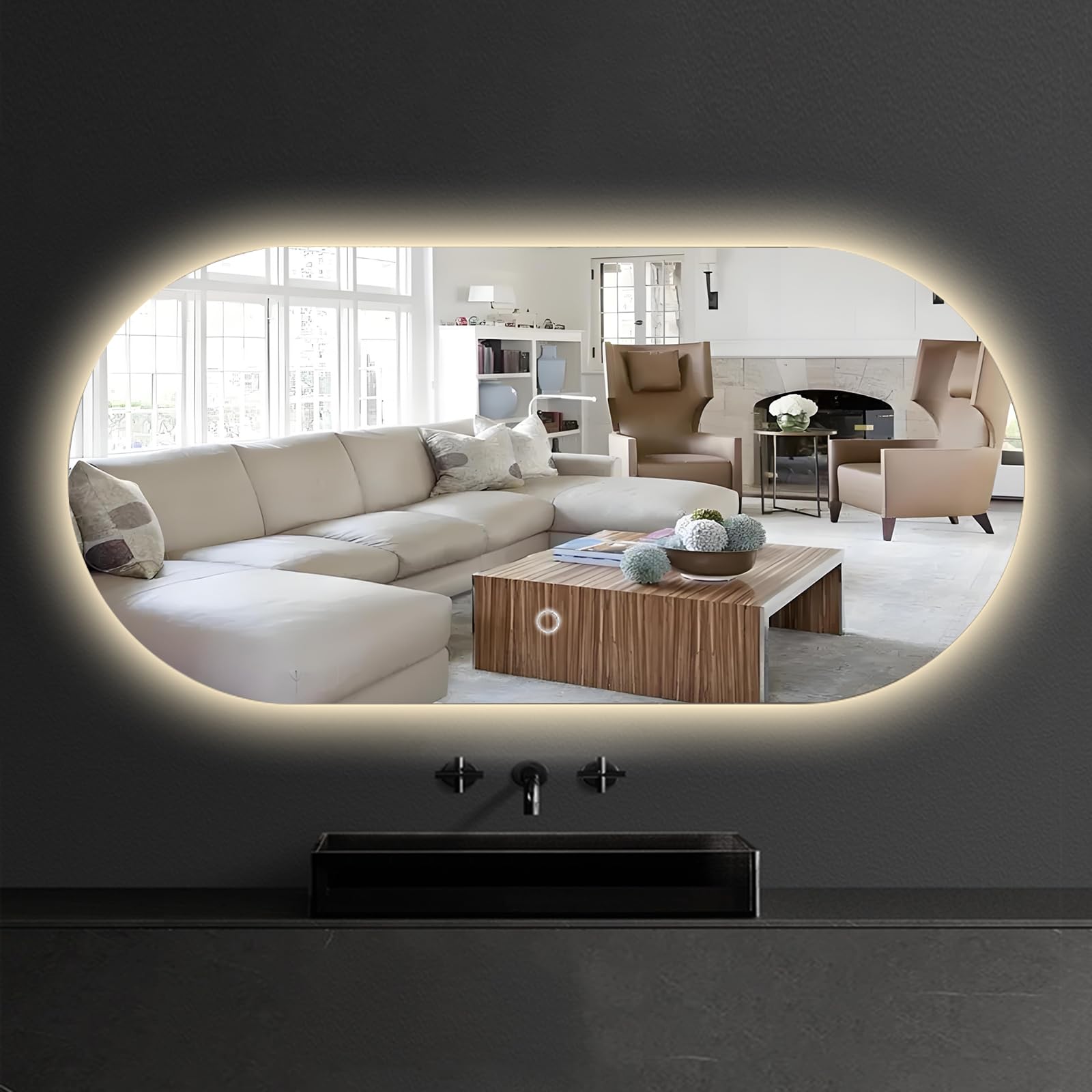 PHQCIV Espejo De Baño con Luces LED,40x60cm 50x70cm 50x80cm 60x90cm Espejo De Pared Ovalado, 3 Colores De Luz Regulable, Interruptor Táctil, Espejo De Maquillaje Iluminado De Pared(Size:40x60cm)