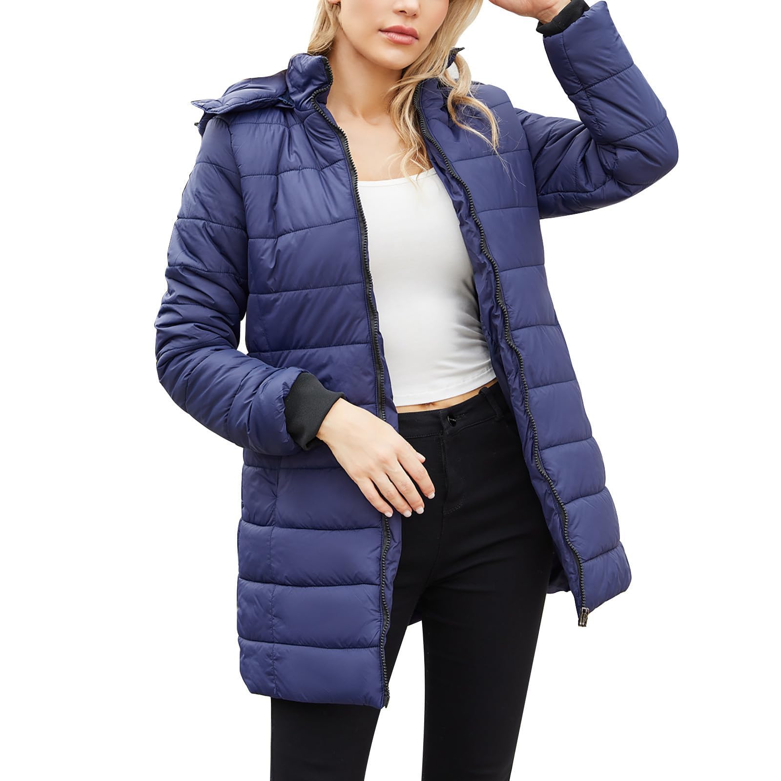 Daunenmantel Damen Mit Kapuze Winterjacke Damen Warm Gefüttert Steppjacke Damen Outdoor Wintermantel Damen Lang Daunenjacke Frauen Zipper Mantel Damen Winter Puffer Skijacke Dicke Steppmantel