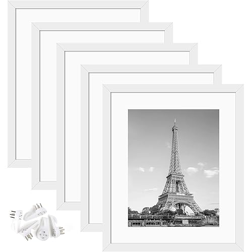 upsimples 10x12 Picture Frame Set of 5, Display Pictures 7x9 with Mat or 10x12 Without Mat, Wall Gallery Poster Frames, White