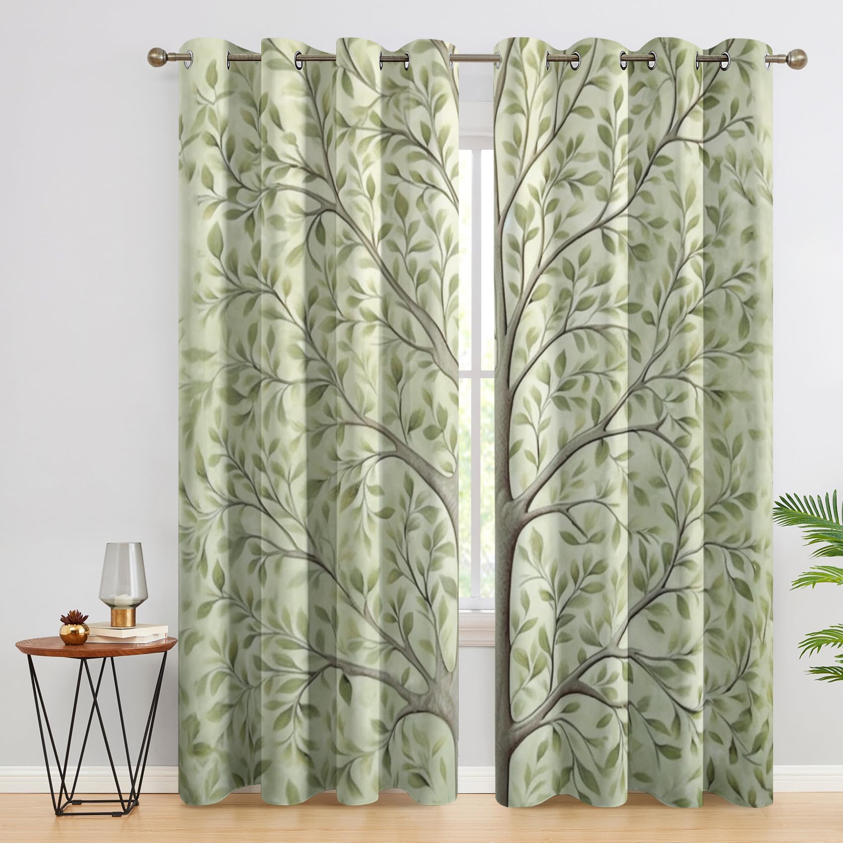 Vorhänge Baum des Lebens, Verdunkelungsvorhang 2er Set - Vorhang Blickdicht Grünes Blatt Muster, Thermovorhang für Deko Wohnzimmer Schlafzimmer Kinderzimmer, Gardinen mit Ösen 220x140 cm (H X B)