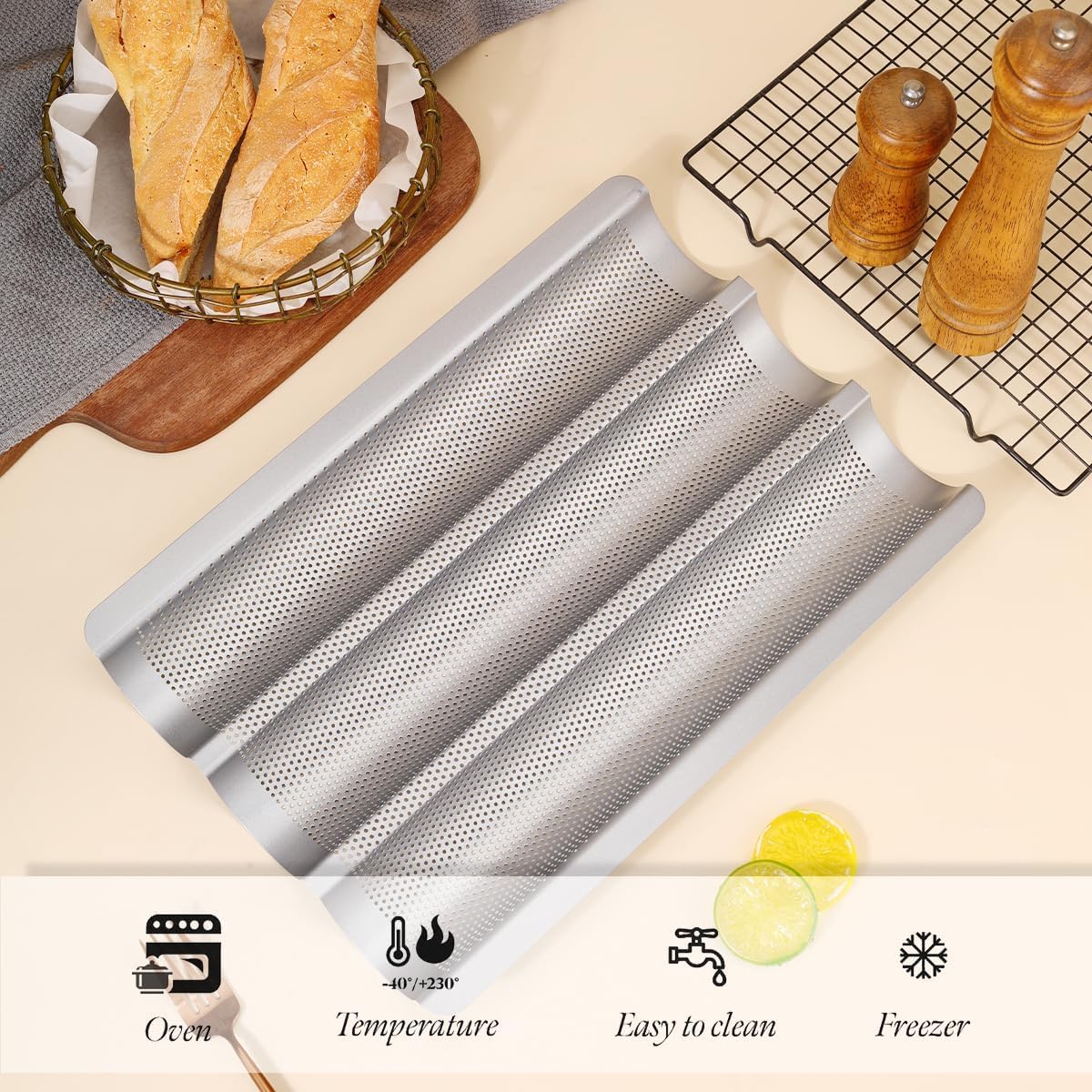 Moldes para baguette para hornear de 15 x 11 pulgadas, bandeja antiadherente de acero al carbono para pan francés e italiano perforado francés (2 unidades, plateado)