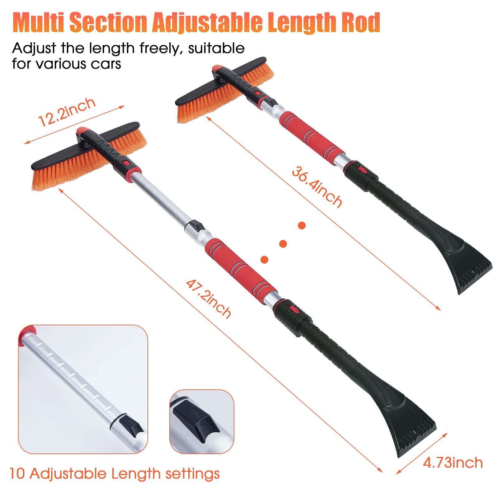 FOVAL Cepillo de nieve extensible de 47.2 pulgadas y raspador de hielo más ancho (4.72 pulgadas de ancho) con cabezal de cepillo giratorio de 360°, herramienta de eliminación de nieve cepillo de coche