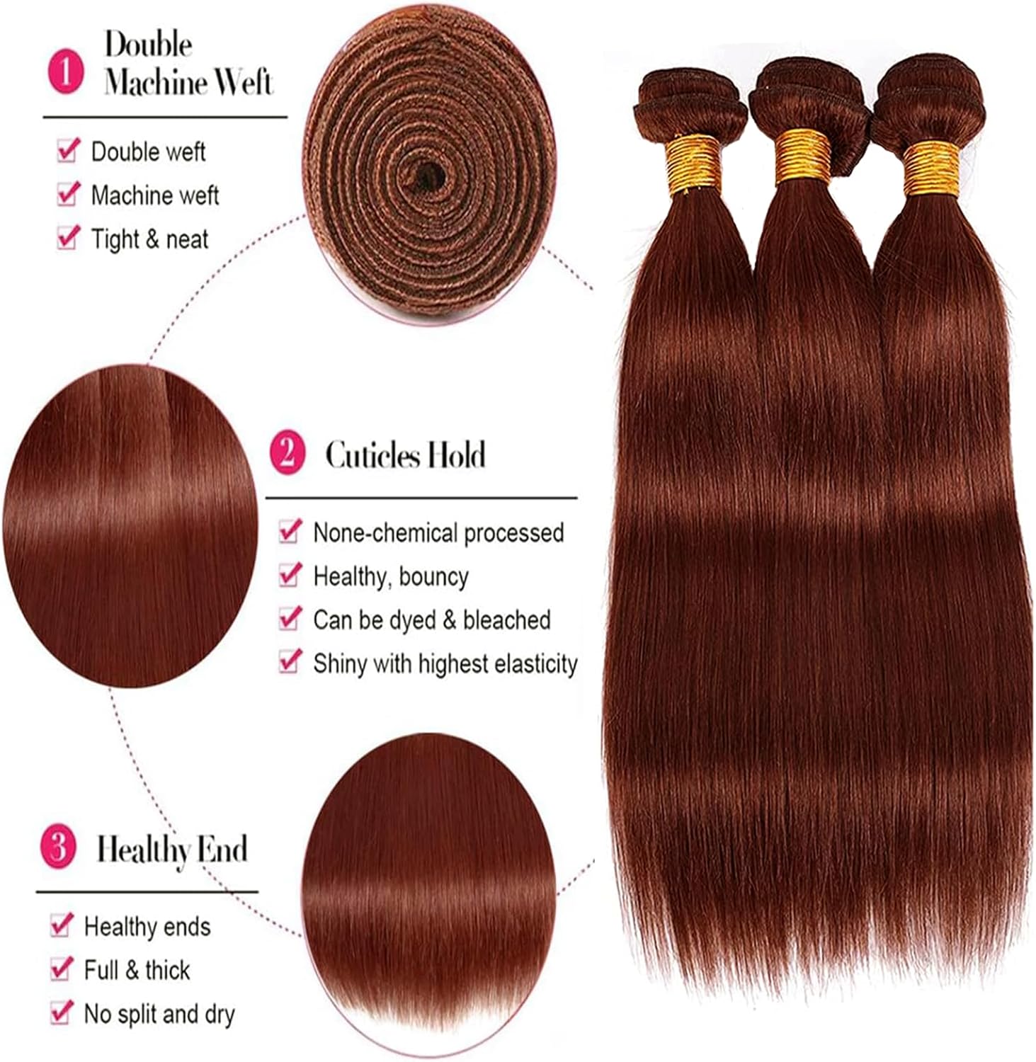 赤褐色人毛束 カラー#33 銅 赤 ストレート 束 22 24 26インチ 未処理 ブラジリアンバージンカラー 33束 ヘアエクステ