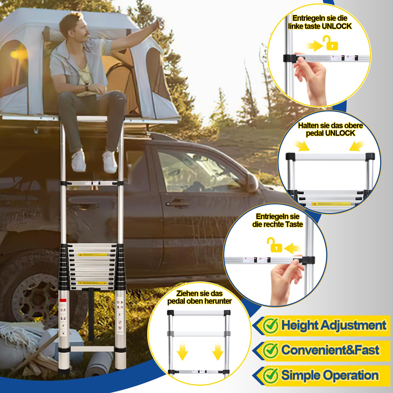 Lospitch Escalera telescópica, 5 m, escalera extensible antideslizante, aluminio, carga 150 kg, escalera extensible, escalera multiusos, extensible y portátil para desván, oficina, caravana, escalada
