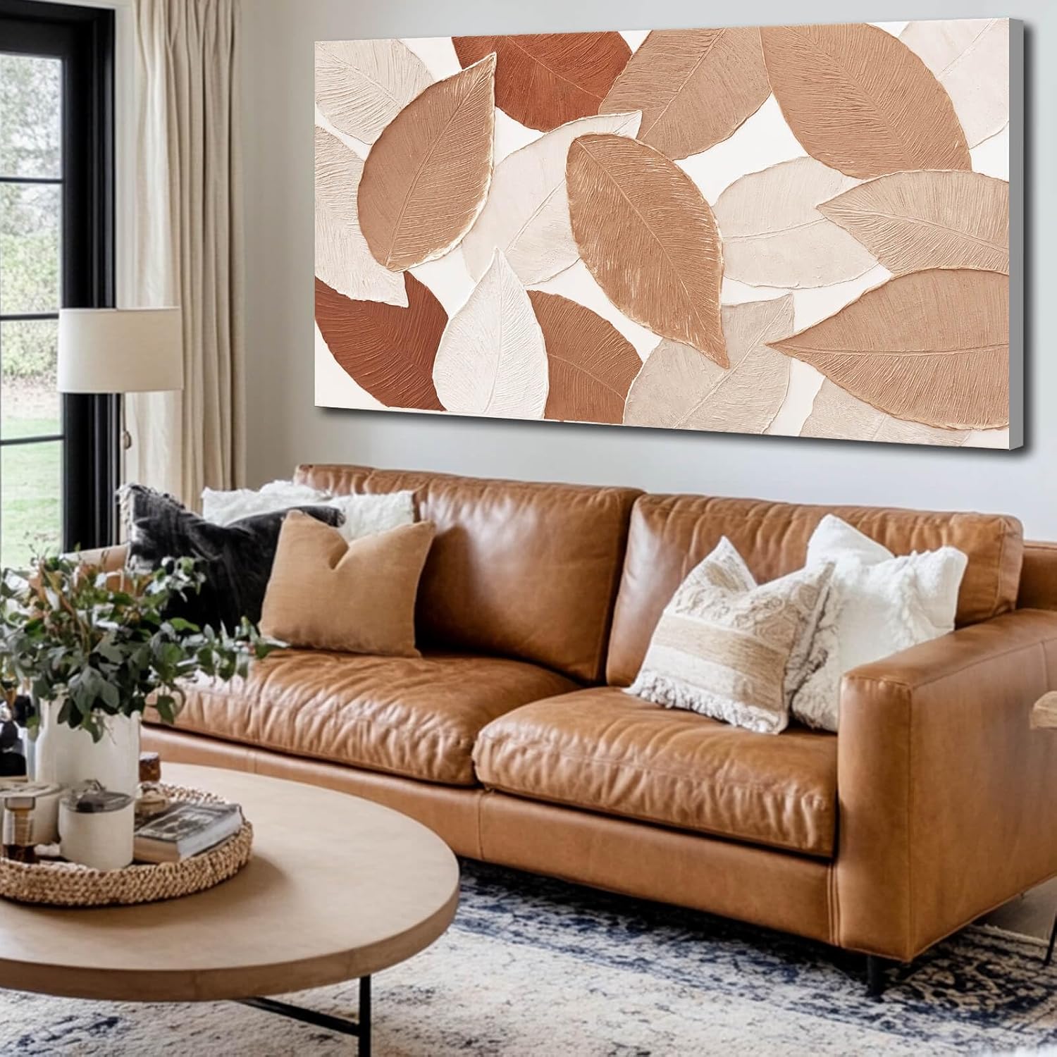 Ocevarin Fall Wall Art Leaves Painting Beige Canvas Modern Neutral Wall Decor Earth Tone Textured Artwork for Living Room Dining Room Kitchen 24"x 48"
