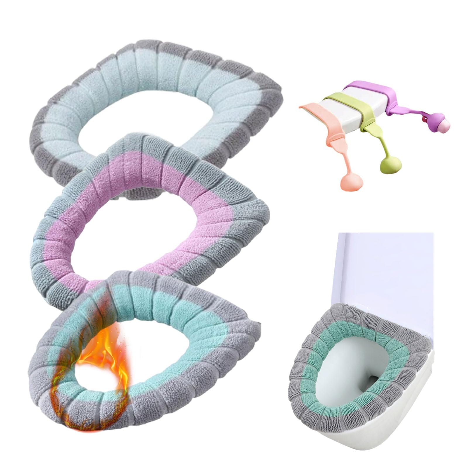 Funda Asientos de Inodoro, Cojín de Asiento de Inodoro Suaves, 3 Piezas Tapa de Inodoro Almohadillas con Levantador de Tapa de Inodoro, Funda de Asiento Lavable para Inodoro, Accesorio de baño