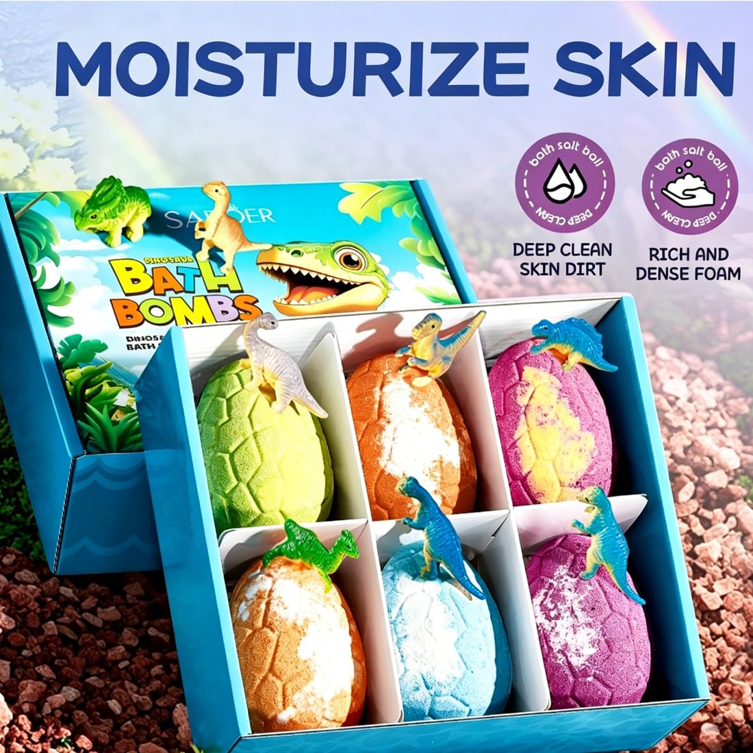 Set 6 Bath Bomb a Forma di Uovo di Dinosauro, Bombe da Bagno con Giocattoli a Sorpresa, Profumi Vari per Bagno e Pulizia