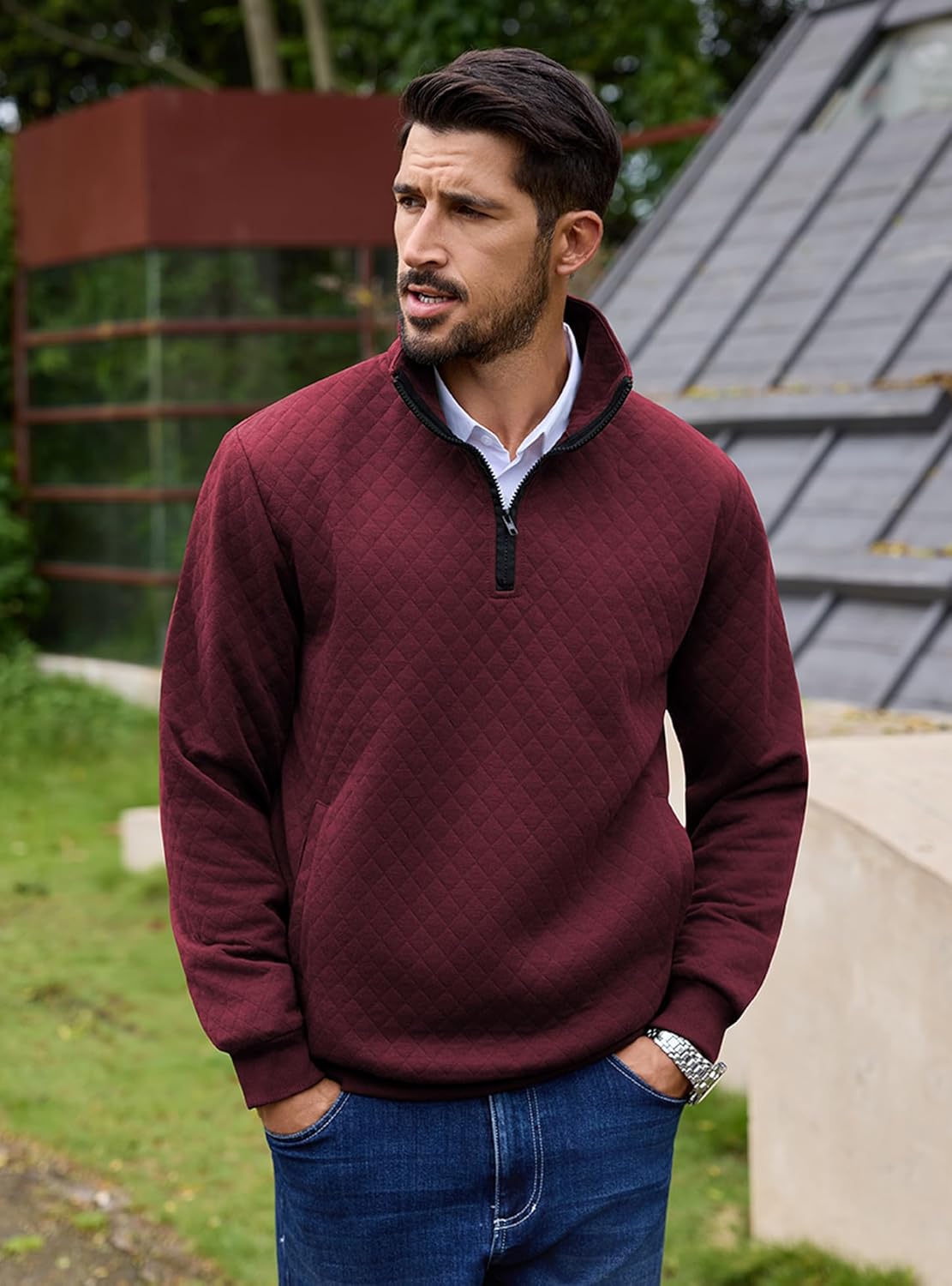 URRU Men’s Quarter Zip Pullover Quilted Sweater Long Sleeve Mock Neck Polo with Pocket - Image 4