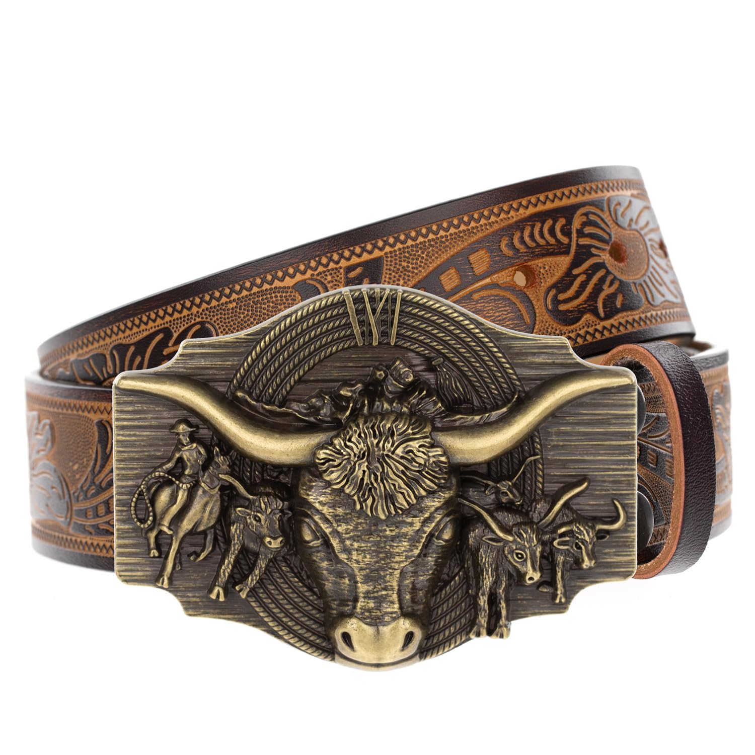 Evbopa Men's Western Cowboy Belt Mens Engraved Buckle Leather Belts for Jeans