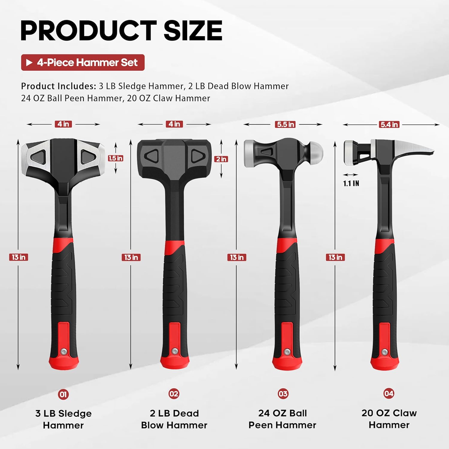 YIYITOOLS 4-Piece Hammer Set - 2LB Dead Blow, 24oz Ball Peen, 20oz Claw, 3LB Sledgehammer - One-Piece Carbon Steel Forging, Ergonomic Anti-Slip Rubber Grips for Garages, Repair Shops, and DIY