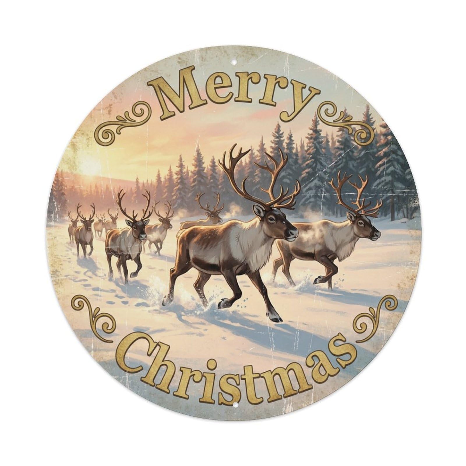 Merry Christmas Reindeer Snowy Field Metal Tin Sign