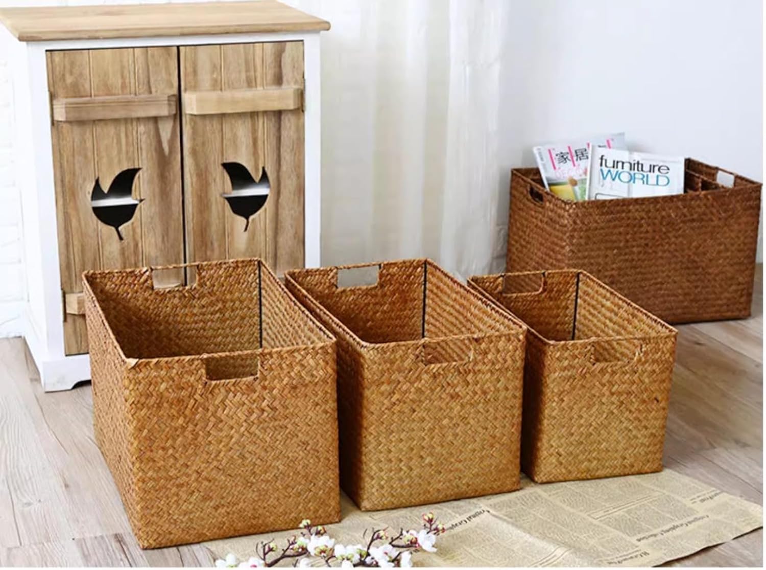 【Zixui】ハンドル付き 編みバスケット 天然素材 深型カゴ 藤箱 収納用 家庭雑貨 植物 花鉢 お菓子 野菜 編み込みバスケット