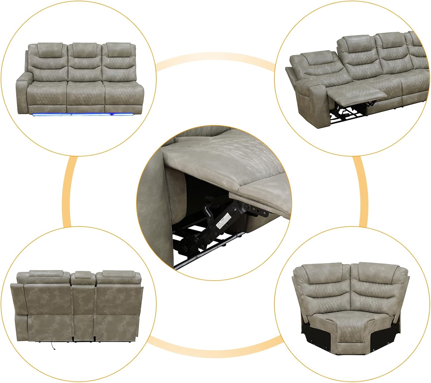 Power Recliner Sectional Sofa Set, Leather Electric Reclining Couch with LED Light & Cup Holders, Living Room Sectional Recliner Sofa with Loveseat, Power Reclining Seats(Grey) | U-shaped layout, multiple users, family gatherings, movie watching, electric reclining