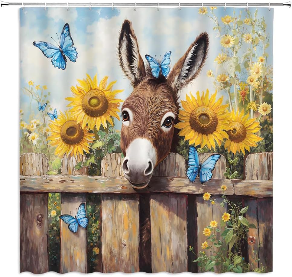 Funny Donkey Shower Curtain Farmhouse Sunflower Butterfly Watercolor Wildflower Vintage Rustic Wooden Fence Western Animal Country Bathroom Decor Polyester Curtains with Hooks,90Wx70L