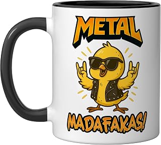 Funny Metal Motif with Chick and Rocker Look Ceramic Mug, Black/White