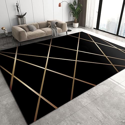 Simple - Alfombra ligera de estilo lujoso, alfombra de interior con línea dorada negra, alfombra decorativa, antideslizante, suave, lavable a