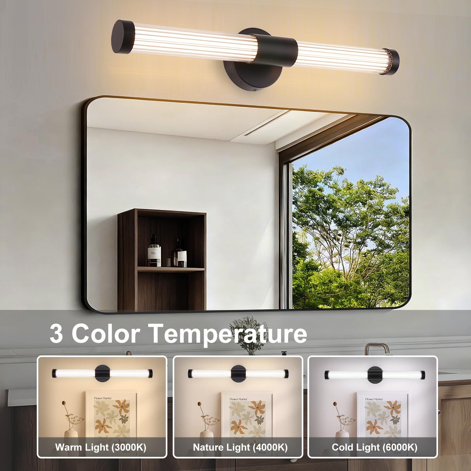 MantoLite Spiegelleuchte Bad Spiegellampe - 60cm Badlampe Wand Mattschwarz | Badlampe Wand IP44 Spiegellampe Badezimmer 360°Modern Innen Wandlampe 12W 3CCT Einstellbar 3CCT Badleuchte Bilderlampe