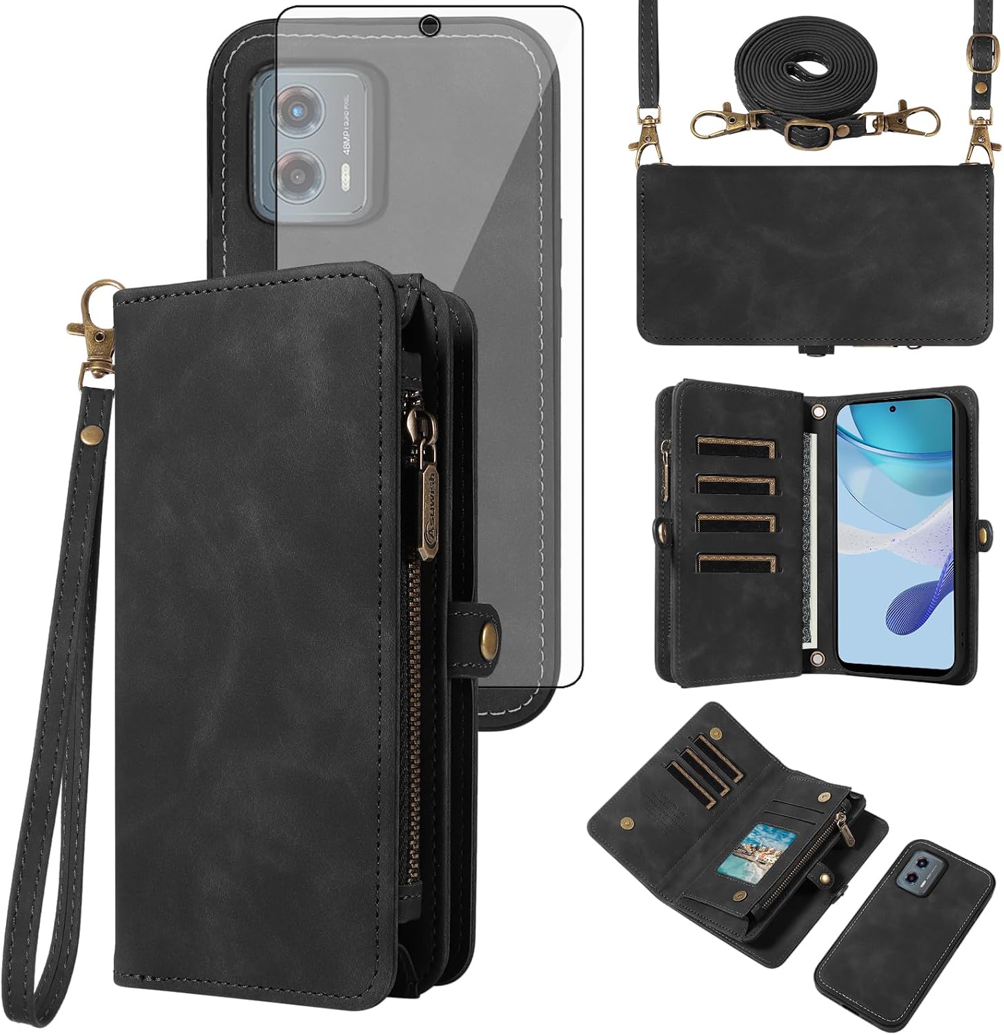 Asuwish Phone Case for Motorola Moto G 5G 2023 Zipper Wallet Detachable Cell Cover with Tempered Glass Screen Protector Crossbody Lanyard Strap Flip Card Holder Slot G5G 5 G G5 Women Men Girls Black